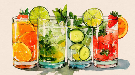 Brightly colored drinks with citrus and mint evoke the warm spirit of summer gatherings.の素材