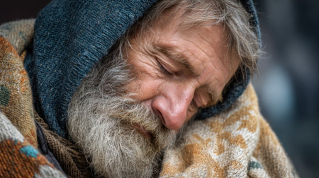 A man with a beard sleeps quietly wrapped in a warm blanket finding solace on a chilly city street.の素材