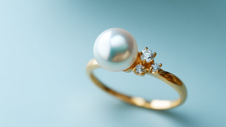 A beautiful gold ring features a large pearl at the center, surrounded by smaller diamonds. The ring rests on a soft blue surface, reflecting light and creating a serene atmosphere.の素材