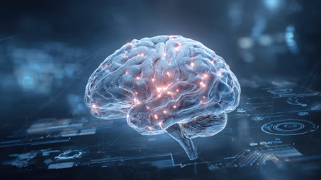 A transparent brain model glows with bright neural connections, floating in a high-tech environment filled with digital screens and data displays. The scene represents advanced neuroscience.の素材