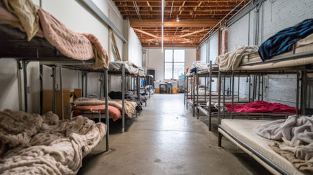 Bunk beds lined up in an empty shelter with blankets strewn about waiting for residents.の素材