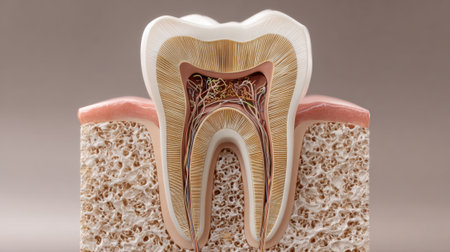 A detailed view of a tooth anatomy highlighting its layers and structures.の素材