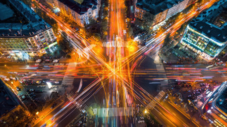 Colorful streaks of light from cars fill the city streets at dusk creating vibrant patterns.の素材