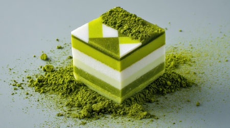 Bright dessert features green layers of matcha and creamy fillings perfectly shaped and inviting.の素材