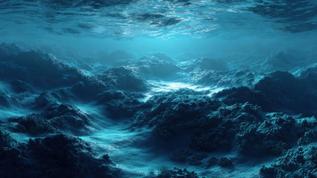 Bright sunlight filters through the water illuminating the ocean floor covered with coral and rocks.の素材