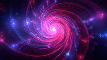 A vibrant spiral forms in the darkness of space illuminated by swirling colors and shining stars.の素材