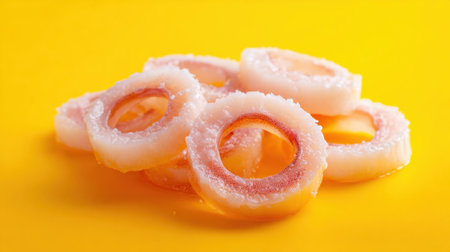 Sweet coconut dessert rings arranged artistically showing their soft texture and vibrant color.の素材