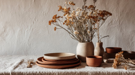 A beautiful table features display clay dishes and dried flowers creating a warm inviting feel.の素材