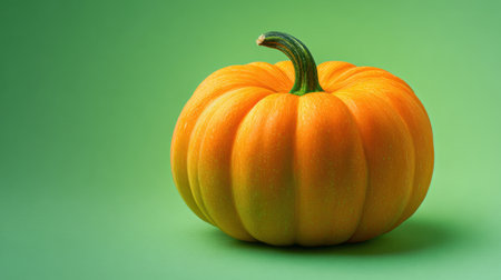 A single bright orange pumpkin rests on a soft green surface bringing autumn festivity indoors.の素材