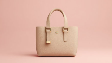 A chic beige handbag rests gracefully on a soft pink backdrop showing its elegant design.の素材
