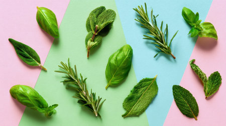 Vibrant green herbs like basil mint and rosemary are organized beautifully on pastel colors.の素材