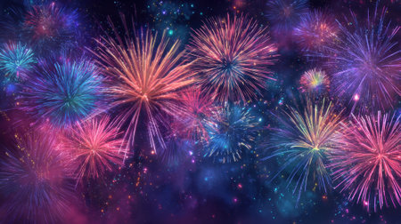 Colorful fireworks burst in the night sky illuminating the darkness with vibrant hues of joy.の素材
