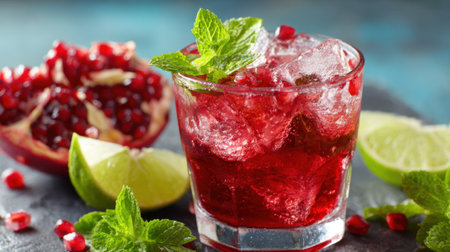 Bright glass filled with ice and pomegranate drink adorned with mint leaves lime and fruit.の素材