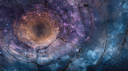 A mesmerizing view of tree rings revealing a cosmic scene blending nature with the galaxy.の素材