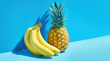 Bananas and a pineapple are arranged artistically on a bright blue surface showing their colors.の素材