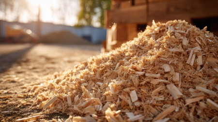 Sunlight shines on a mound of wood shavings scattered on the earth in a workshop.の素材