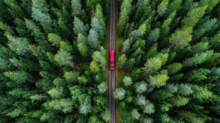 A bright red truck navigates a narrow road amidst tall green trees under a clear sky.の素材