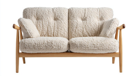 A charming love seat with fluffy upholstery and wooden arms perfect for relaxing in a living room.の素材