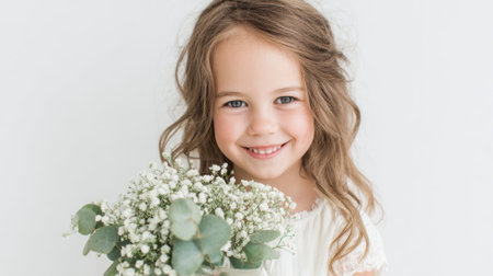 Energetic child stands with a sweet grin clutching a bouquet of delicate white flowers and green leaves.の素材