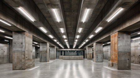 Unique architectural area featuring concrete columns and overhead lights perfect for creative events.の素材