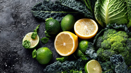 Vibrant green vegetables and juicy citrus fruits create a colorful display of fresh produce.の素材