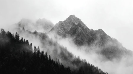 Mountains rise dramatically cloaked in clouds creating an enchanting atmosphere of tranquility.の素材