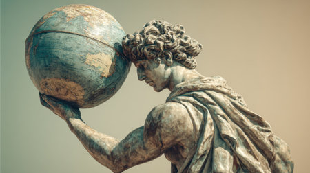 A strong figure focuses intently on lifting a globe symbolizing strength and unity under a serene sky.の素材