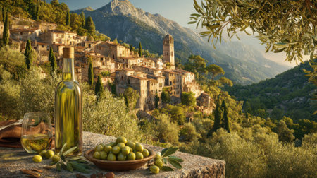 Enjoy the golden hour as sunlight bathes the rustic village nestled in the mountains surrounded by olive trees.の素材