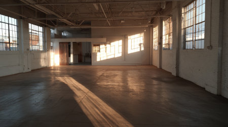 Golden light fills a spacious empty warehouse with a tranquil warm atmosphere in the afternoon.の素材