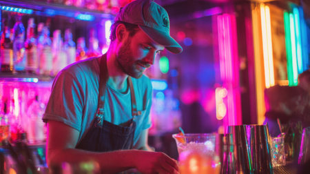 A bartender focused on mixing drinks in a lively nightclub filled with neon lights. Colorful cocktails are being crafted as patrons enjoy the vibrant environment.の素材