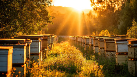 Bees buzz around their hives as golden sunlight bathes the peaceful farm in warm light.の素材