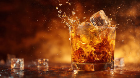 A glass filled with whiskey splashes as ice cubes hit the surface creating an inviting atmosphere.の素材