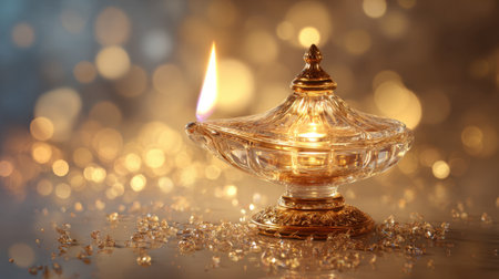 A vintage glass oil lamp emits a warm flickering flame, surrounded by shimmering golden lights. Perfect for creating a magical atmosphere at a special celebration or gathering.の素材