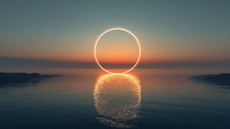 Calm waters reflect an amazing sunset with a bright circle framing the horizon.の素材