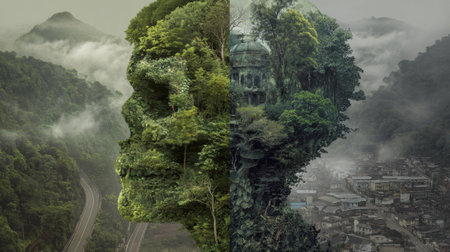 A stunning view showcases a giant human face formed by lush green trees, set against a foggy mountain backdrop. The scene contrasts natural elements with civilization below.の素材