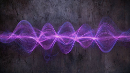 Bright purple wave patterns flow across a dark textured background, creating a sense of energy and movement in this digital artwork. The design is vibrant and visually striking.の素材