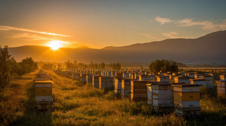 As the sun rises bee hives glow in the warm light surrounded by lush fields and mountains.の素材