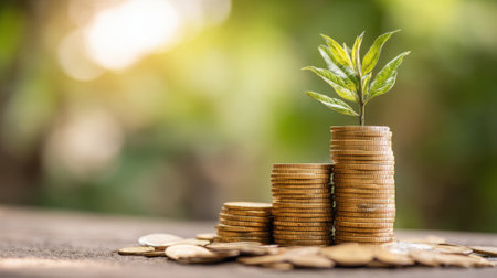 A sprouting plant stands tall amidst golden coins showcasing the blend of finance and nature.の素材