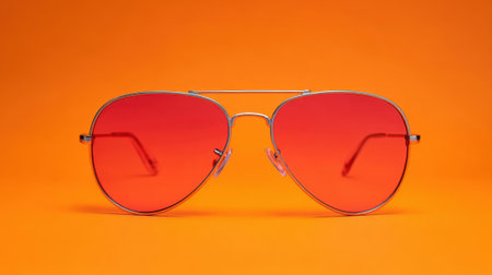 Bright red sunglasses with a sleek design sit on an orange surface showing their vibrant color.の素材