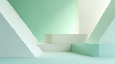 A tranquil scene showcases angular shapes in calming green and white hues evoking peacefulness.の素材