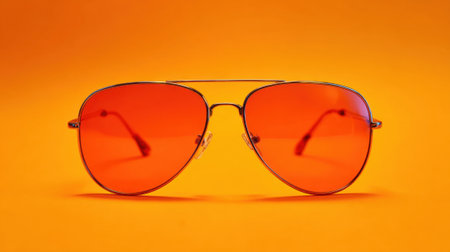 Sunglasses with striking red lenses are displayed against a bold orange backdrop showing a fun style.の素材