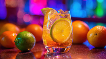 A refreshing cocktail sits on a sparkling bar counter, adorned with slices of lemon and lime. Colorful lights illuminate surrounding citrus fruits. The atmosphere is lively and inviting.の素材