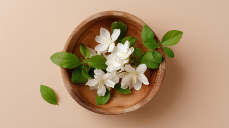 White flowers with delicate petals and fresh green leaves are neatly arranged in a round wooden bowl, set against a soft, light background. The display creates a calming, natural feel.の素材