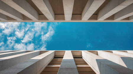 Looking up at tall concrete columns with bright blue sky and fluffy clouds in sight.の素材
