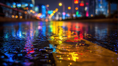 A vibrant city street glows at night as colorful lights reflect on the wet pavement. The scene captures the beauty and liveliness of urban life following a rainstorm.の素材