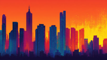 A stunning skyline is observed during sunset, showcasing tall buildings silhouetted against a vibrant sky filled with orange, pink, and blue hues. The scene is calm and beautiful.の素材