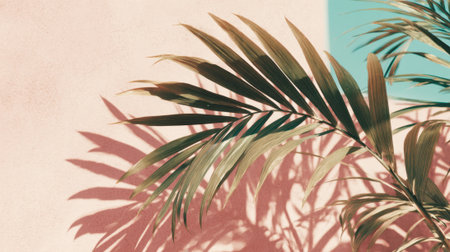 Green palm leaves create intricate shadows on a pastel wall, showing the beauty of nature in a warm, tropical environment under bright sunlight.の素材
