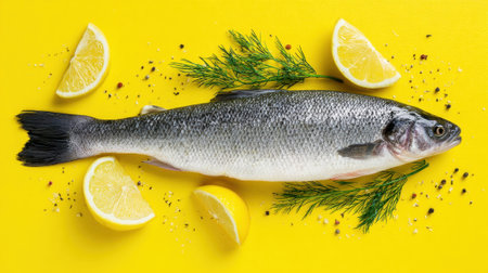 A whole fish is artistically arranged with lemon wedges and fresh herbs on a bright yellow surface.の素材