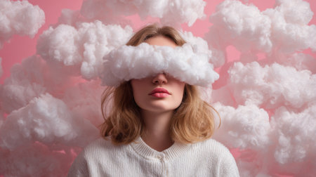A young woman stands still her eyes covered by fluffy clouds against a pink background creating a dreamlike feel.の素材