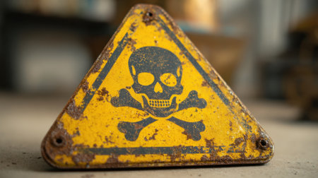 A yellow caution sign featuring a skull and crossbones sits on a dusty surface in an industrial environment, alerting to potential hazards present in the area.の素材